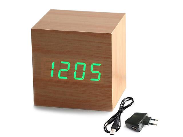 Годинник будильник з адаптером KS wood clock green SKL25-150626