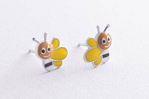 Детские серьги - пусеты Пчелки в серебре (эмаль) 449 Оникс