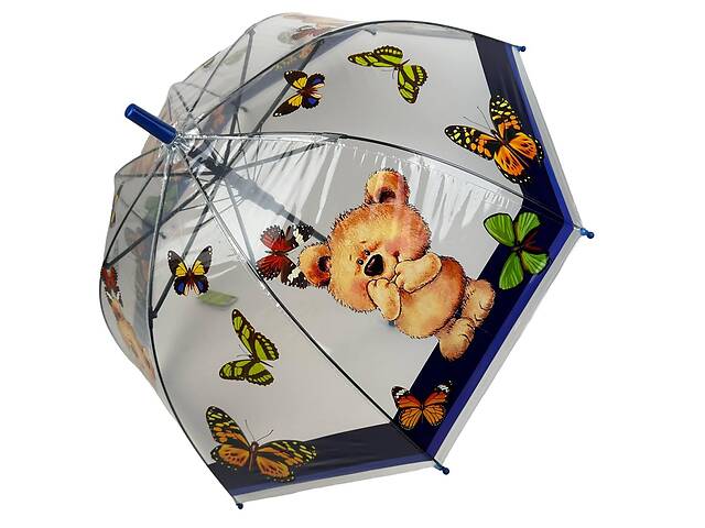 Детский прозрачный зонт-трость полуавтомат с яркими рисунками мишек от Rain Proof с темно-синей ручкой 0272-4