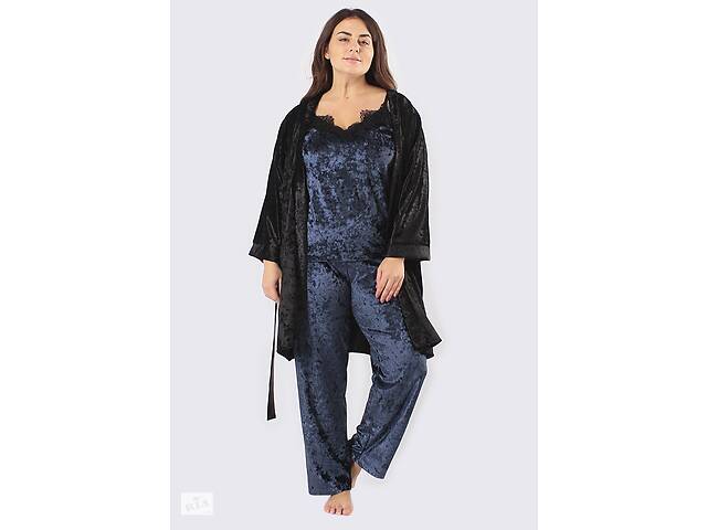Комплект Хлоя супер батал халат+майка+брюки Ghazel 17111-11/88 Черный халат/Синий комплект 60