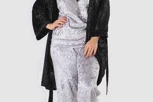 Комплект Хлоя супер батал халат+майка+брюки Ghazel 17111-11/88 Черный халат/Серый комплект 56