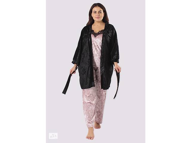 Комплект Хлоя супер батал халат+майка+брюки Ghazel 17111-11/88 Черный халат/Розовый комплект 60