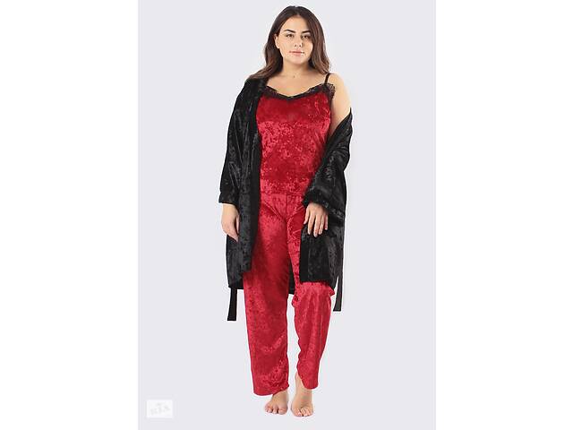 Комплект Хлоя супер батал халат+майка+брюки Ghazel 17111-11/88 Черный халат/Красный комплект 54