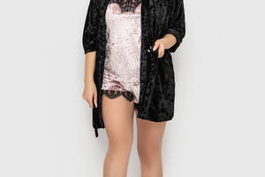 Комплект Париж велюр тройка халат+майка+шорты Ghazel 17111-12 Черный халат/Розовый комплект 42