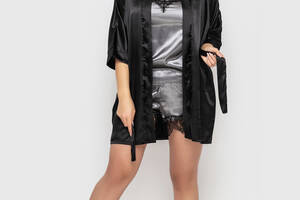 Комплект Синди тройка шелк халат+майка+шорты Ghazel 17111-07 Черный халат/Серый комплект 42