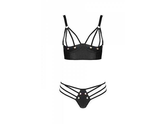 Комплект з еко-шкіри Passion Malwia Bikini black L/XL з люверсами та ремінцями бра та трусики