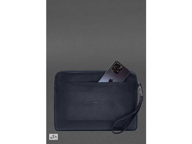 Кожаный чехол для ноутбука на молнии с карманом и хлястиком на руку Синий BlankNote