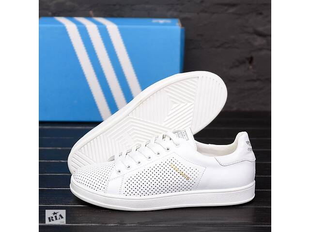 Мужские кожаные летние кроссовки, перфорация Adidas Stan Smith White RUNNING