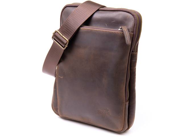 Оригинальная сумка с накладным карманом на молнии в матовой коже 11280 SHVIGEL Коричневая 29,5х22х5