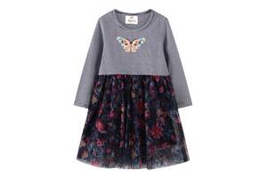 Платье для девочки с длинным рукавом в полоску и изображением бабочки и цветов синее Butterfly Berni Kids