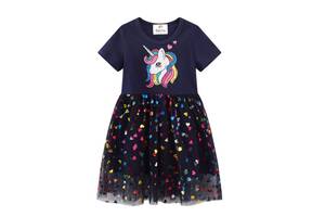 Платье для девочки с коротким рукавом и изображением единорога и сердец синее Heart unicorn Berni Kids