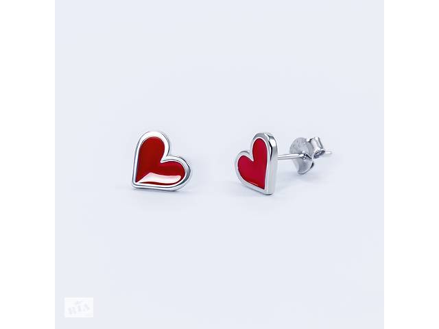 Серьги серебряные INFINI родированые сердечки с красной эмалью s2ek-143