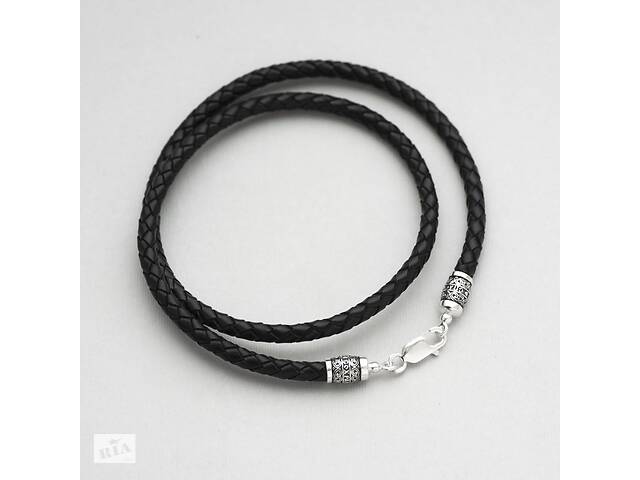 Кожаный шнурок с серебряной застежкой Спаси и сохрани (5 мм) 18712 Оникс 50