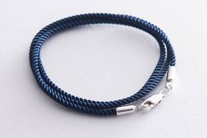 Шелковый синий шнурок с гладкой серебряной застежкой (2мм) 18496 Оникс 30