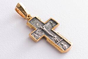 Серебряный крест 'Распятие Христово. Икона Божией Матери' с позолотой 132301 Оникс