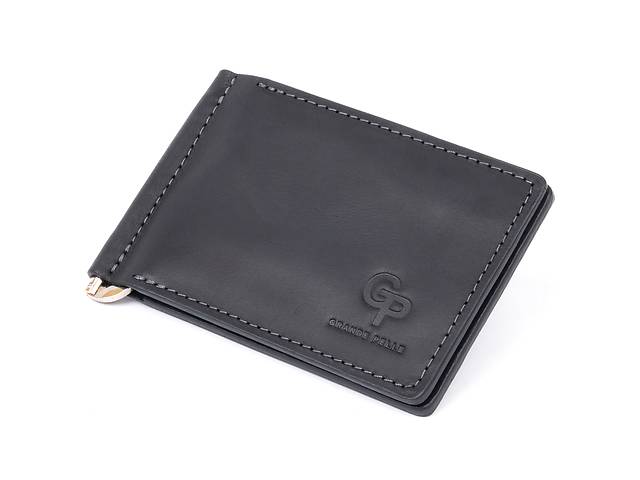 Стильное портмоне с зажимом для денег без застежки винтажное GRANDE PELLE 11296 Черное 12х8х1