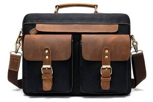 Сумка-портфель мужская текстильная с кожаными вставками Vintage 20002 Черная