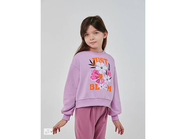 Свитшот для девочки с изображением цветов и надписи фиолетовый Just bloom SMIL