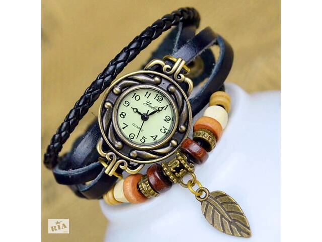 Винтажные женские наручные часы Чорные механические - кожаный браслет женский на руку (ST)