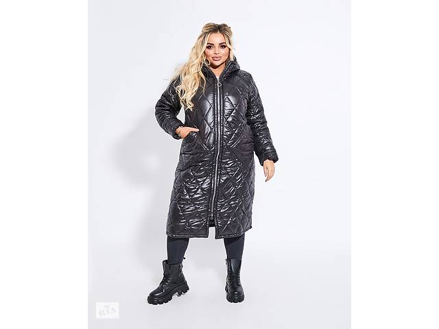 Женское зимнее пальто черное ромб размер 54/56 386144