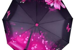 Женский автоматический зонт на 9 спиц c принтом Эйфелевая Башня и цветы от Susino розовый 03026-2