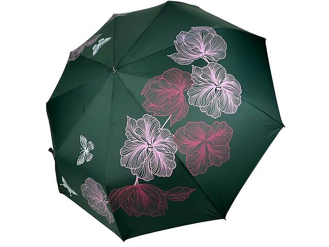 Женский складной зонт полуавтомат на 9 спиц от Toprain с принтом цветов зеленый 0137-5