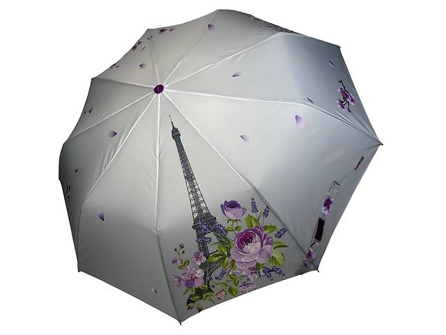 Женский зонт полуавтомат от Toprain с Эйфелевой башней и сакурой фиолетовая ручка 0625-2