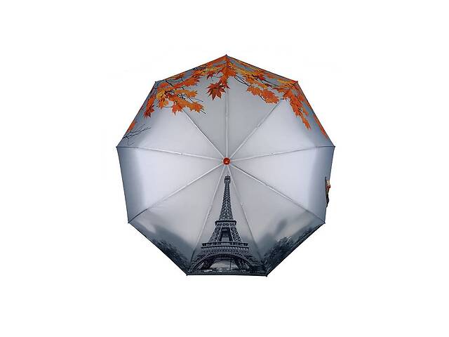 Зонт женский полуавтомат TheBest 544 на 9 спиц с Эйфелевой башней и листьями 97 см Серо-оранжевый