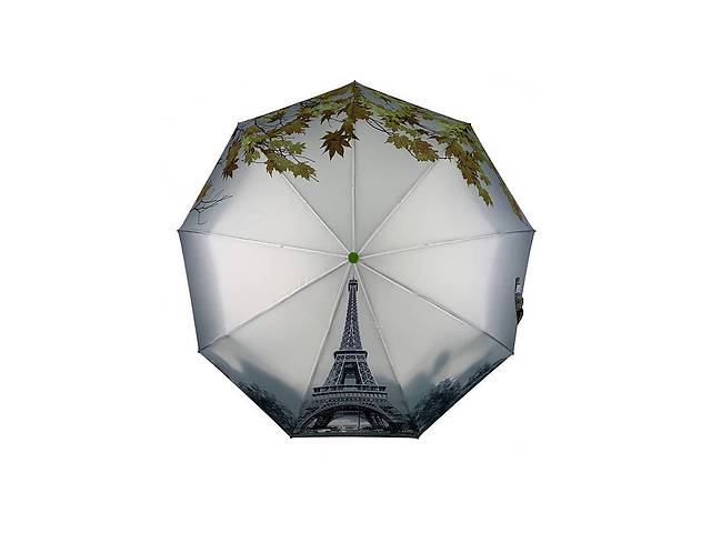 Зонт женский полуавтомат TheBest 544 на 9 спиц с Эйфелевой башней и листьями 97 см Серо-зеленый