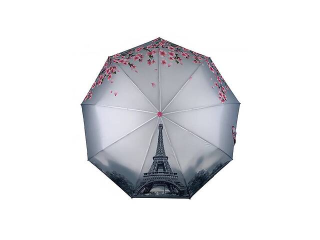Зонт женский полуавтомат TheBest 544 на 9 спиц с Эйфелевой башней и цветами 97 см Серо-розовый