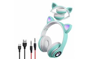 Беспроводные Bluetooth наушники с ушками Cute Headset CH-28J подсветка RGB и MP3 плеер MicroSD FM-Радио Мятные