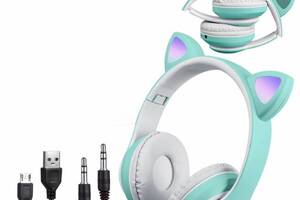 Беспроводные Bluetooth наушники с ушками Cute Headset CH-28J подсветка RGB и MP3 плеер MicroSD FM-Радио Мятные