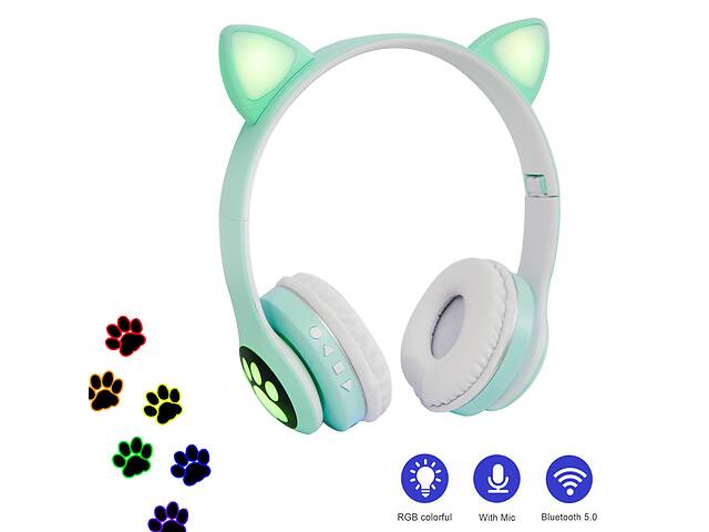 Беспроводные наушники с ушками Cat ear headphones VZV-23M, накладные детские наушники блютуз Бирюзовые (ST)