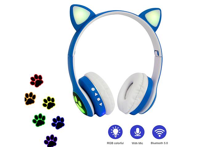 Блютуз навушники дитячі Cat ear headphones VZV-23M, Сині бездротові навушники з вушками з підсвічуванням (ST)