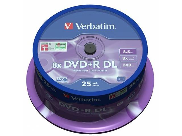 Диск DVD Verbatim 8.5Gb 8x CakeBox 25шт Matt Silver (43757)