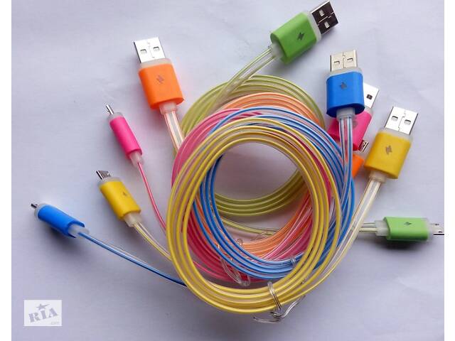 Кабель USB-micro USB 1м светящийся плоский 6 цветов