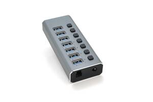 Хаб USB 3.0, 4 порта USB 3.0 + 3 порта QC3.0, с переключателями на каждый порт, DC12V2A, Black, BOX