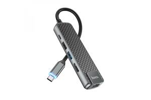 Концентратор USB Hoco HB23 Easy view 5 в 1 Type-C - HDMI PD60W USB3.0 / USB2.0 / RJ45 Grey