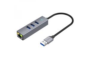 Концентратор USB Hoco HB34 Easy link 4 в 1 Type C to USB3.0 / RJ45 1000mbs 155 mm LED Серый