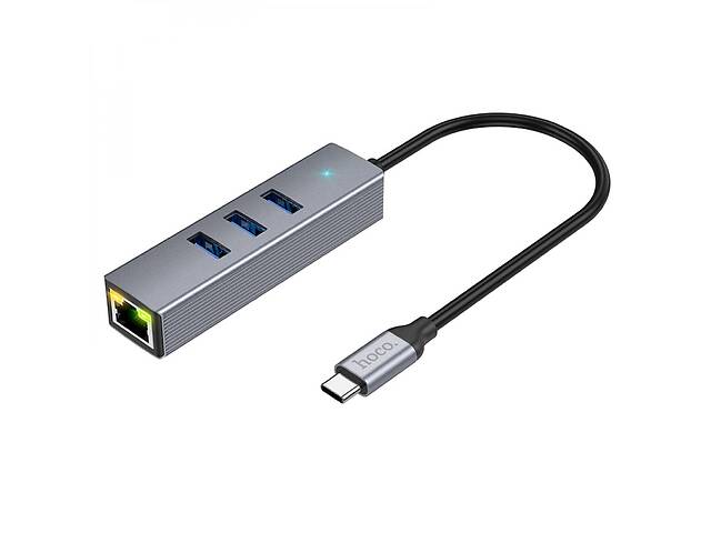 Концентратор USB Hoco HB34 Easy link 4 в 1 Type C to USB3.0 / RJ45 1000mbs 155 mm Серый