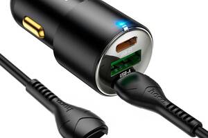 Мощное автомобильное зарядное устройство с кабелем Hoco NZ6 USB Type-C 25W и 20W USB 18W Type C на Lightning Черный