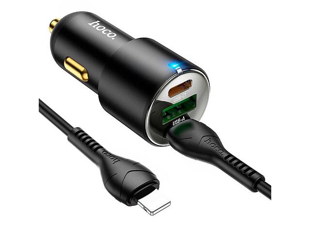 Мощное автомобильное зарядное устройство с кабелем Hoco NZ6 USB Type-C 25W и 20W USB 18W Type C на Lightning Черный