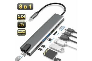 Мультифункциональный USB Type-C хаб Digital Lion MH-04, 8 в 1: HDMI/HDTV + PD + USB C + SD + TF + RJ45