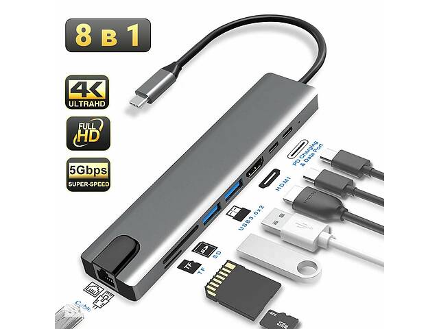 Мультифункциональный USB Type-C хаб Digital Lion MH-04, 8 в 1: HDMI/HDTV + PD + USB C + SD + TF + RJ45