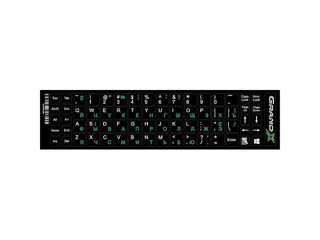 Наклейка на клавиатуру Grand-X 68 keys Cyrillic green, Latin white (GXDPGW) (Код товара:28099)