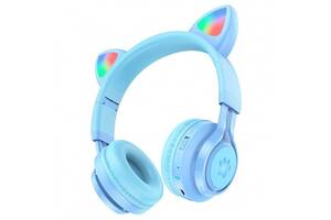 Наушники беспроводные с ушками детские HOCO W39 Cat ear kids с подсветкой RGB голубые