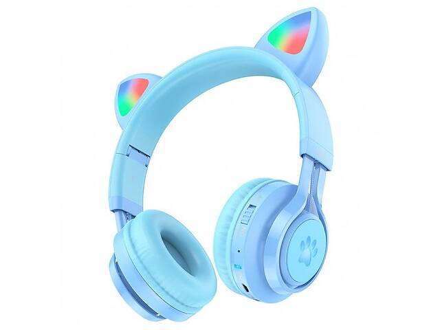 Наушники беспроводные с ушками детские HOCO W39 Cat ear kids с подсветкой RGB голубые