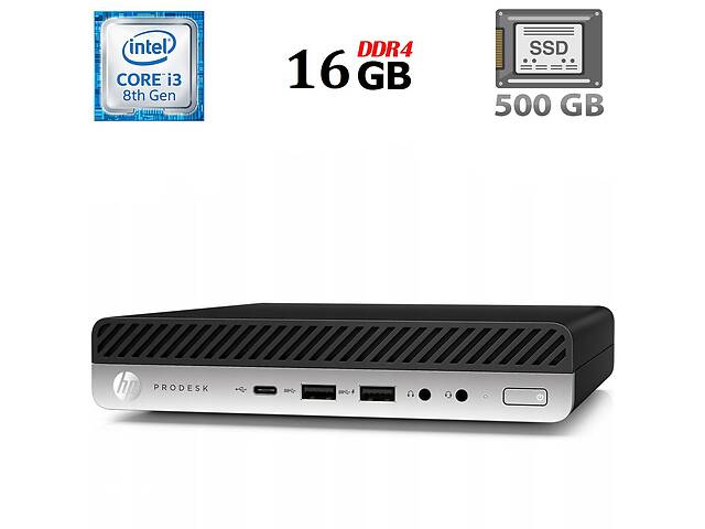 Неттоп HP ProDesk 600 G4 Mini USFF / Intel Core i3-8100T (4 ядра по 3.1 GHz) / 16 GB DDR4 / 500 GB SSD / Intel UHD Gr...