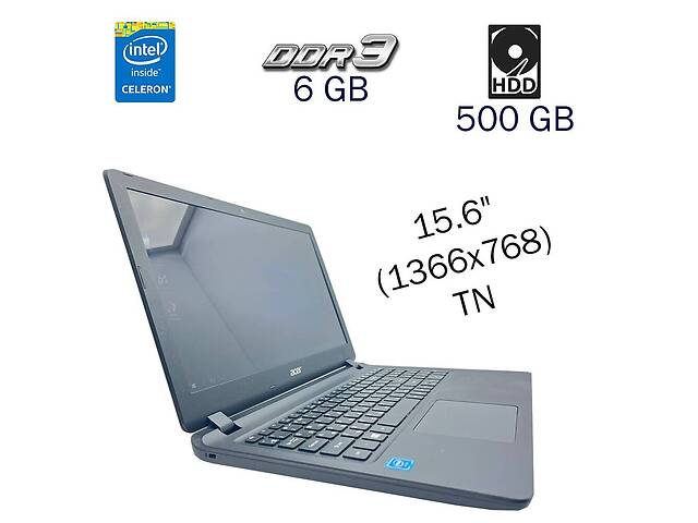 Ноутбук Asher Aspire ES1-533 / 15.6' (1366x768) TN / Intel Celeron N3350 (2 ядра по 1.1 - 2.4 GHz) / 6 GB DDR3 / 500...