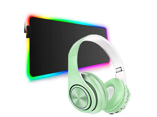 Подарочный набор для геймеров Коврик с подсветкой RGB и беспроводные наушники Зеленый Alleo